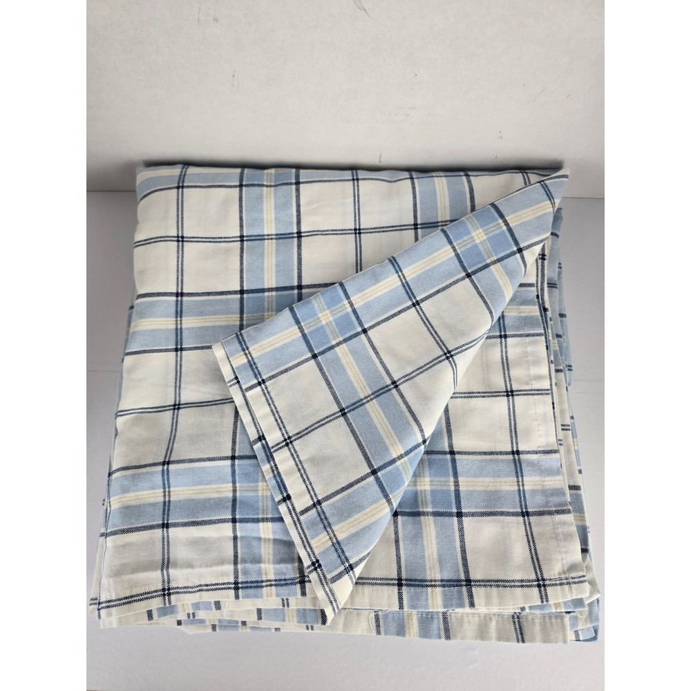 JCPenney Home King Flat Sheet White Blue Plaid Cotton Blend 102x105